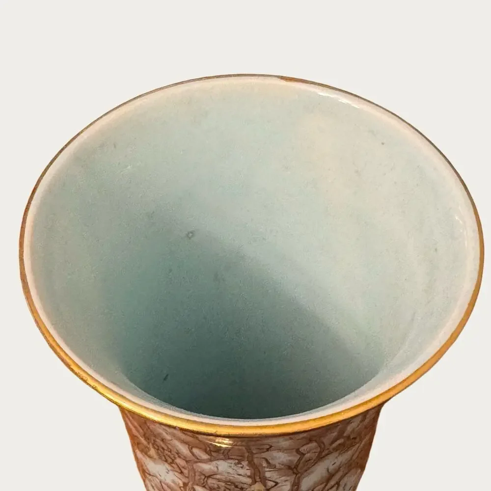 Vintage Handpainted Delftware Brass & Copper Ceramic Vase Teal & Gold Holland